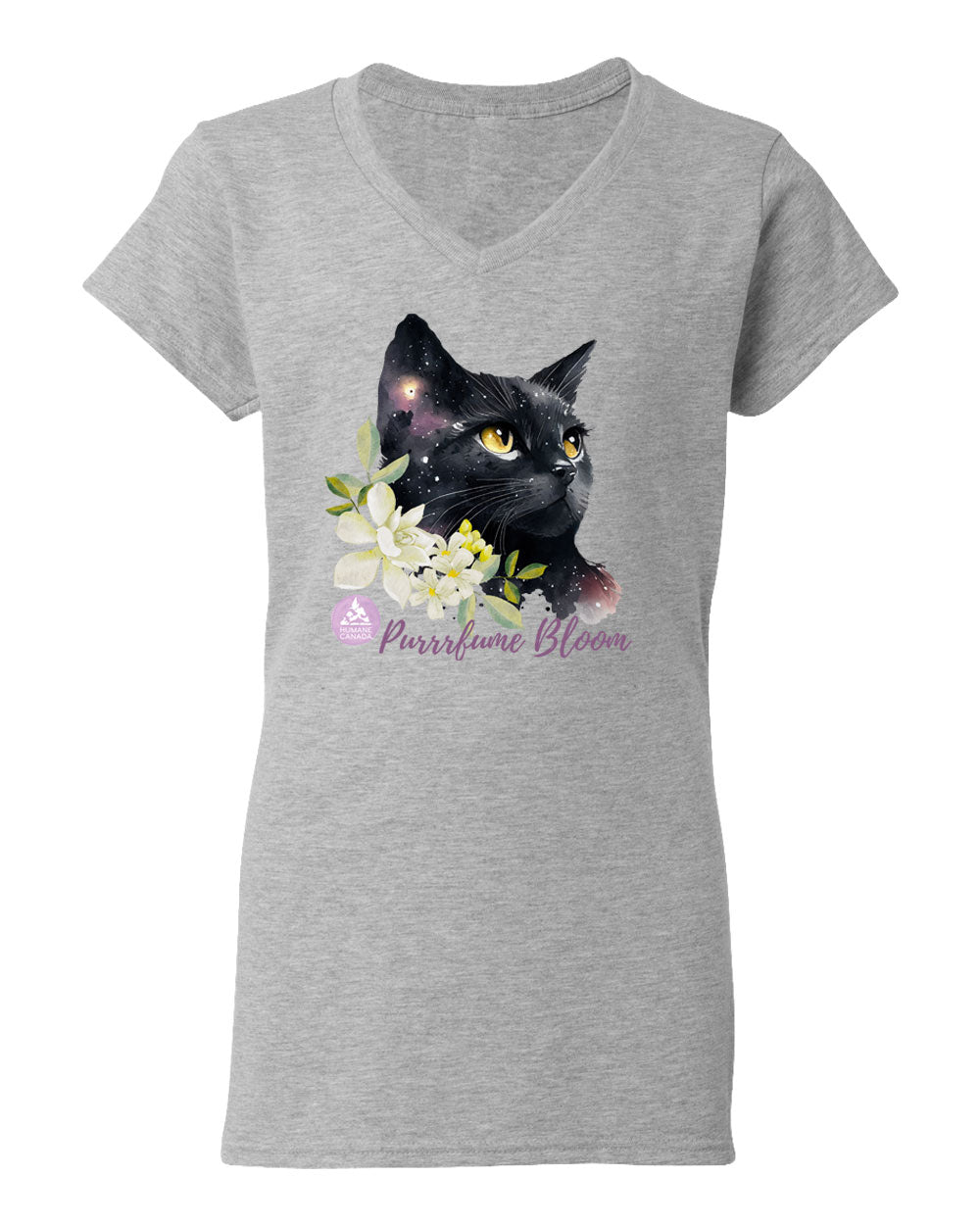 Floral Black Cat - V-Neck Ladies T-shirt
