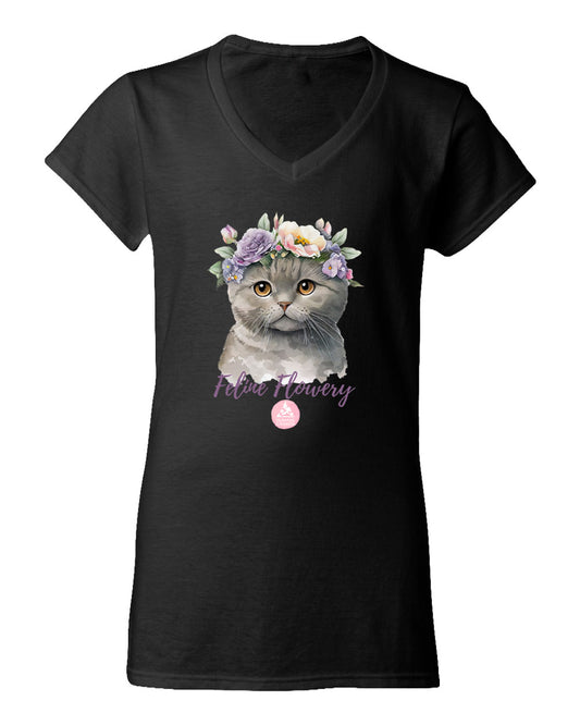 Feline Flowery - V-Neck Ladies T-shirt