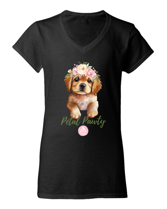 Petal Pawty Puppy - V-Neck Ladies T-shirt