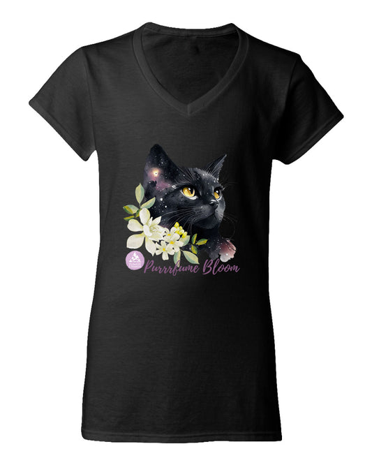 Floral Black Cat - V-Neck Ladies T-shirt