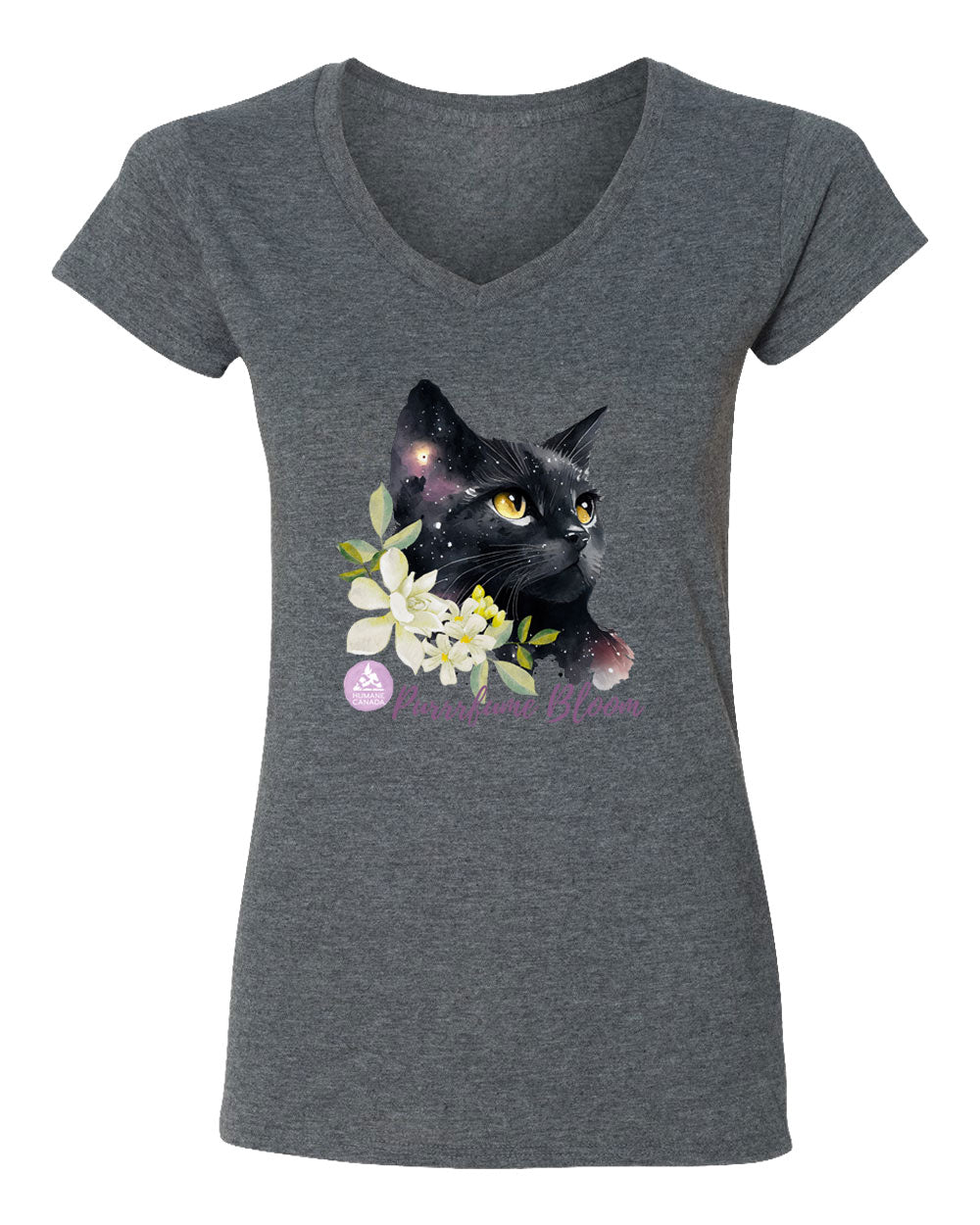Floral Black Cat - V-Neck Ladies T-shirt