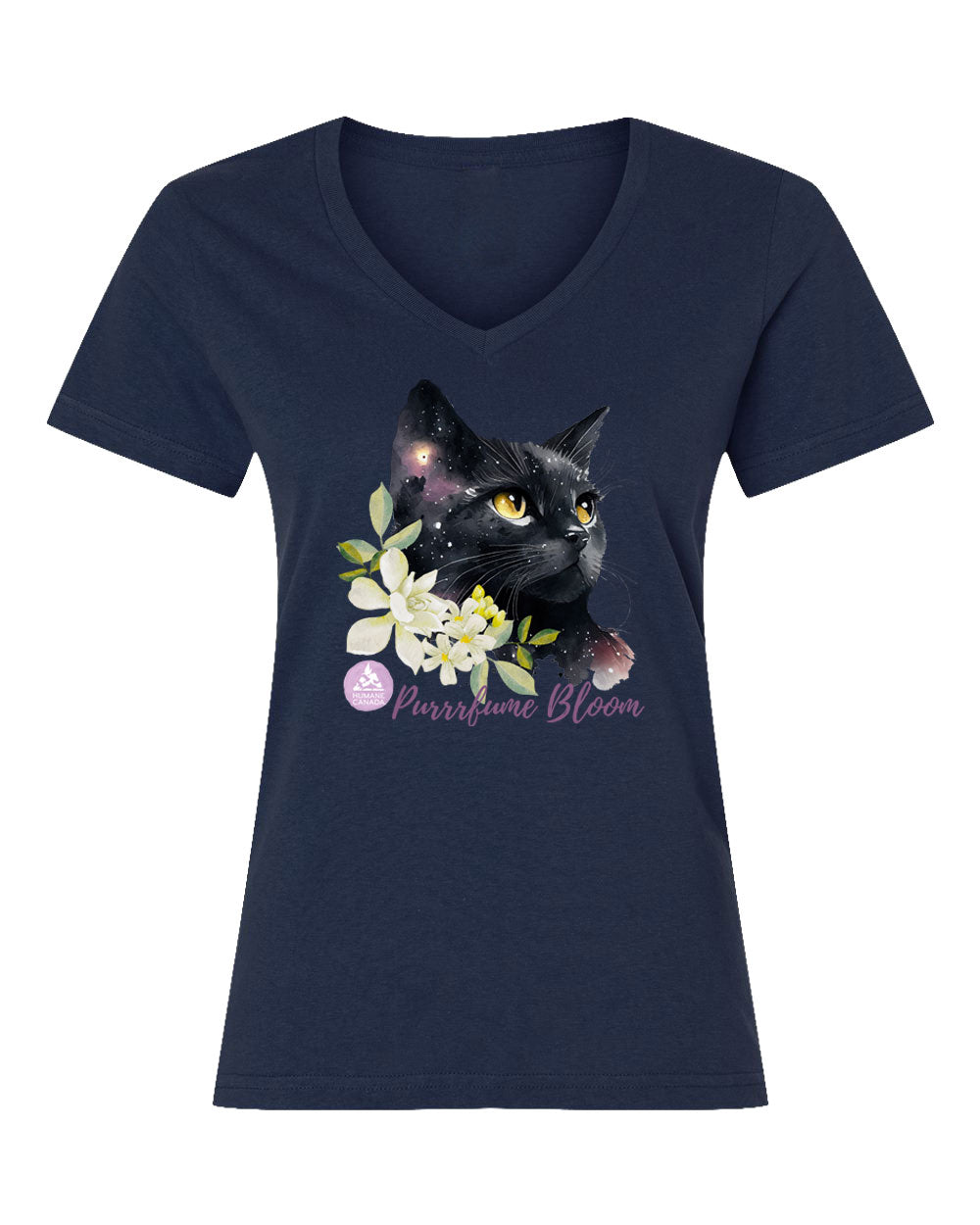 Floral Black Cat - V-Neck Ladies T-shirt