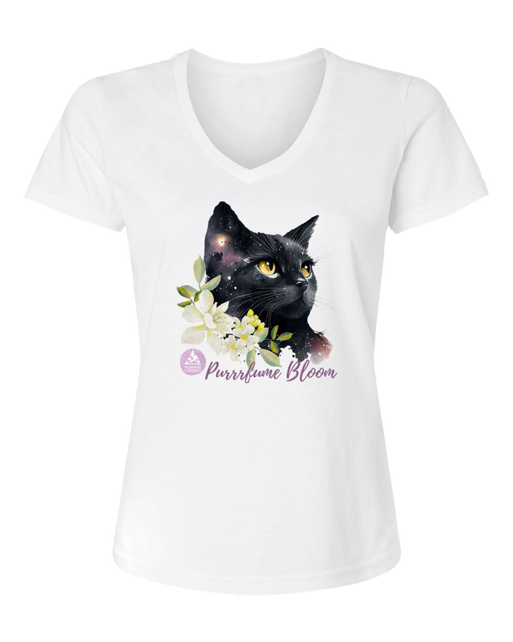Floral Black Cat - V-Neck Ladies T-shirt