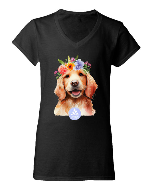 Floral Dog - V-Neck Ladies T-shirt