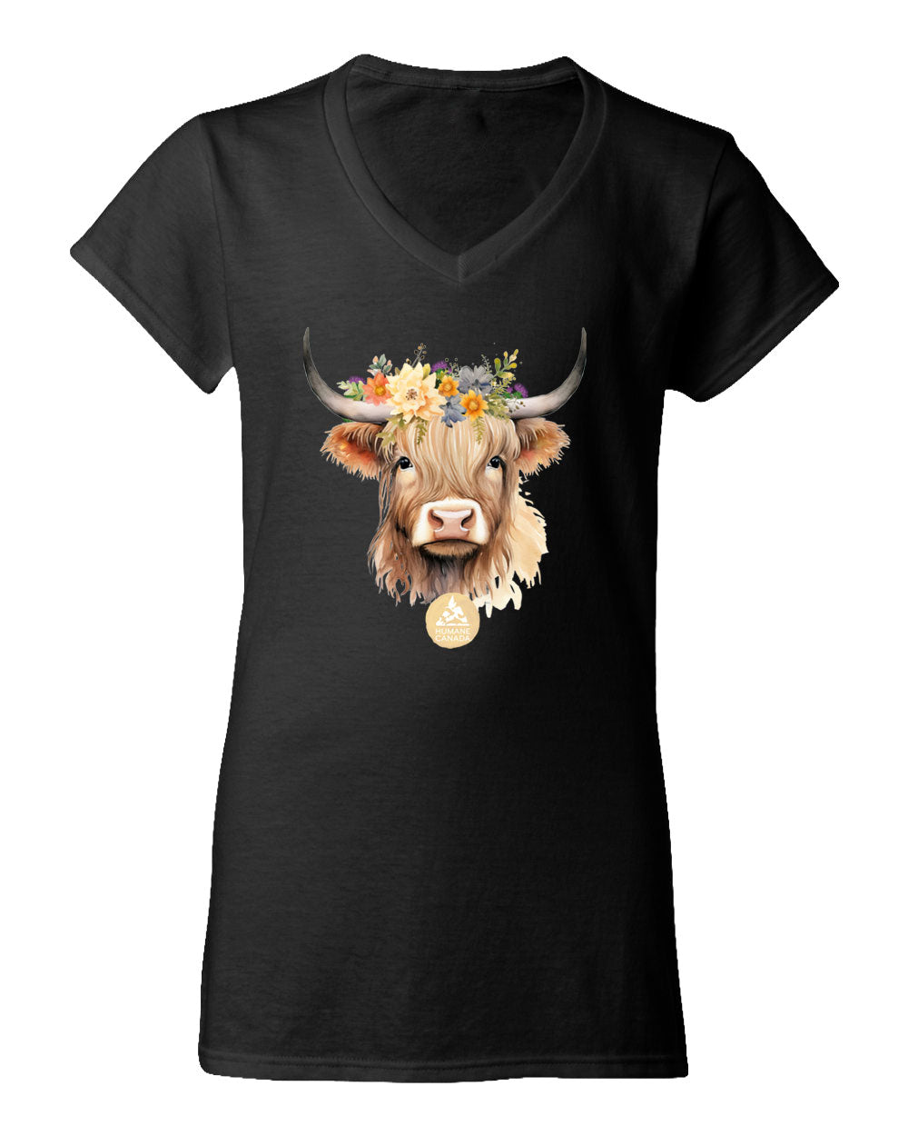 Floral Highland Cow - V-Neck Ladies T-shirt