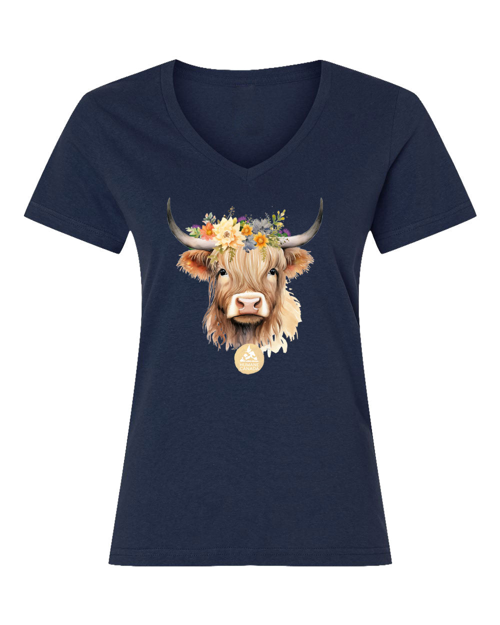 Floral Highland Cow - V-Neck Ladies T-shirt