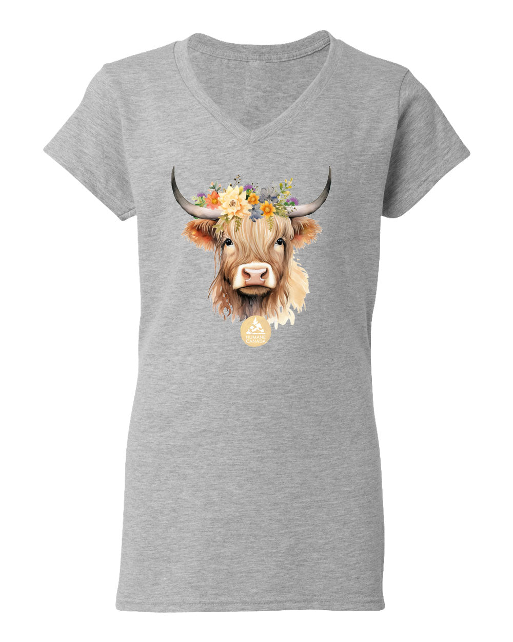 Floral Highland Cow - V-Neck Ladies T-shirt