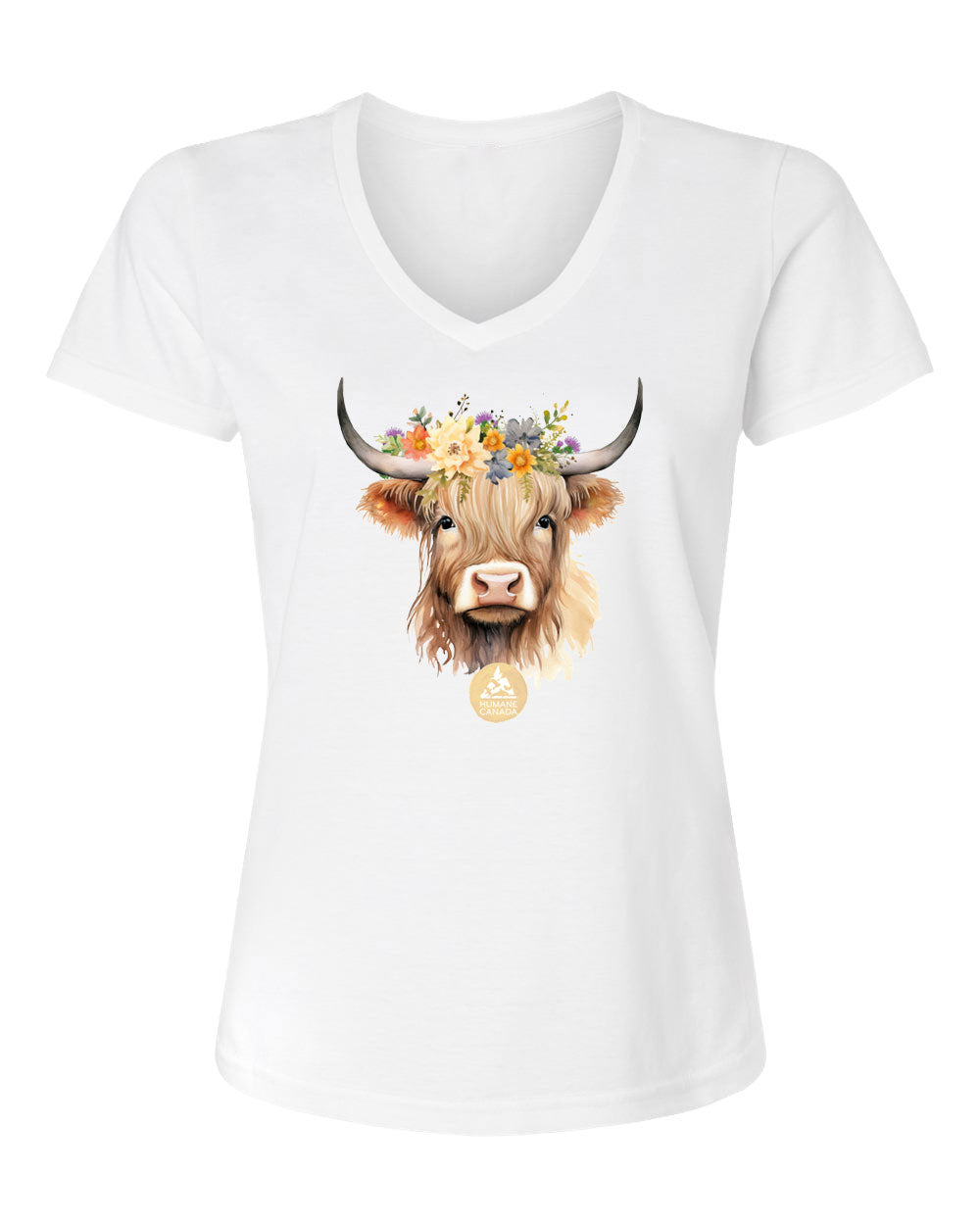 Floral Highland Cow - V-Neck Ladies T-shirt