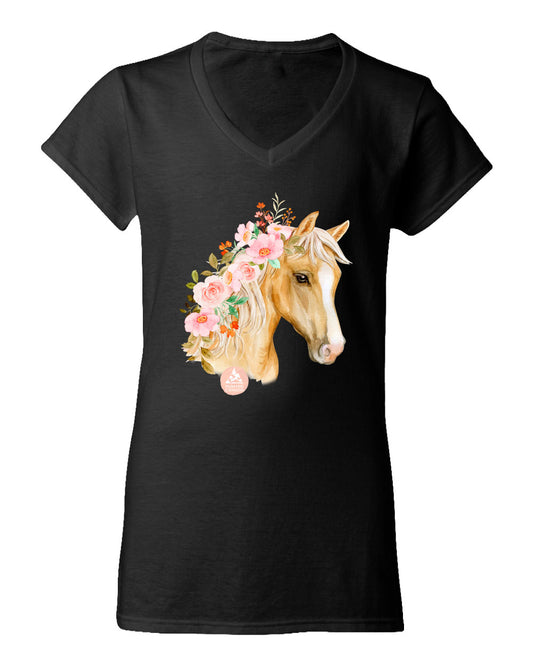 Floral Horse - V-Neck Ladies T-shirt