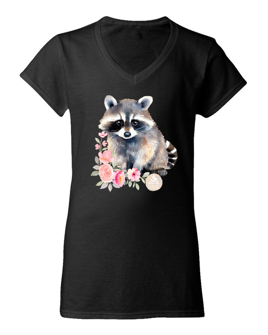 Floral Racoon - V-Neck Ladies T-shirt